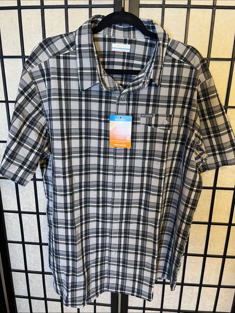 NWT Columbia Men’s Short Sleeve Plaid Button-Down Shirt - Black & White